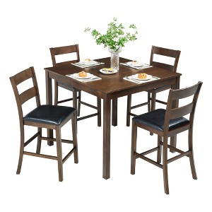 AMERLIFE Solid Wood 5-Piece Dining Table Set, Chairs with Curved Backrests & PU Cushioned, Black/Walnut - 1 of 4