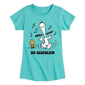 Girls' Peanuts Snoopy and Woodstock Be Happy German Fitted Short Sleeve Graphic T-Shirt - Turquoise - 4T - 1 of 4