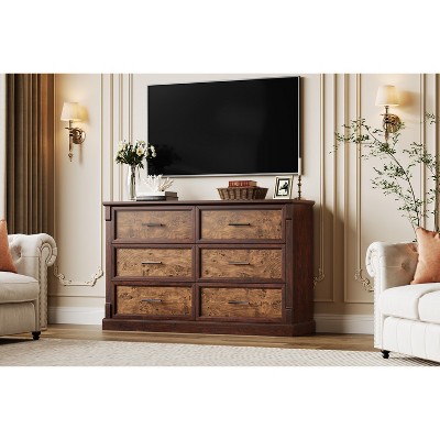 6 Drawer Dresser for Bedroom, Farmhouse Wood Chest of Drawers with Metal Handles, Rustic Large Double Dresser TV Stand, Storage Dressers Organizer