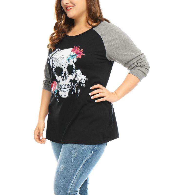 Agnes Orinda Women's Plus Size Floral Skull Contrast Color Raglan T-shirt, 3 of 6