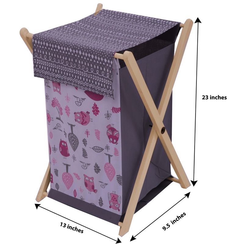 Bacati - Owls Pink/Gray Girls Laundry Hamper with Wooden Frame, 5 of 8