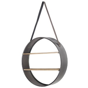 33" Round Metal and Wood Hanging Wall Shelf Brown - American Art Decor: Modern Curio Storage, No Assembly - 1 of 4