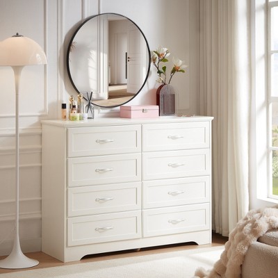 RISOKEYS Farmhouse Drawers Dresser Chests, Wood Dresser Wide Chest of Drawers,Storage Organizer with Metal Pulls for Bedroom, Living Room