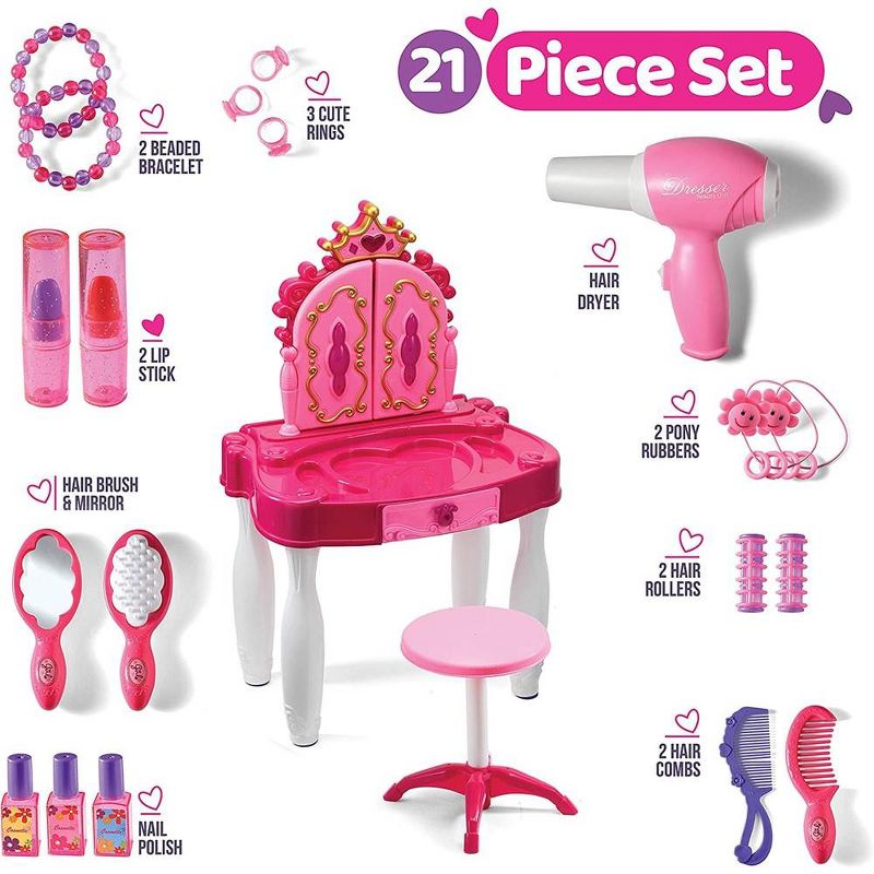 Pretend Play Girls Vanity Table Set with Mirror, Stool, Lights and Sounds - 21 PCS Beauty Salon Set – Play22Usa, 6 of 11