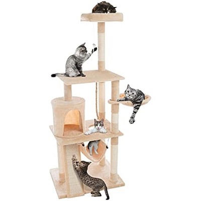 4-Tier Indoor Cat Tower - Deluxe 6-Post Scratcher with Board, Napping Perches, Sleeping Condo, Hammocks, and Hanging Toys for Cats by PETMAKER (Beige)