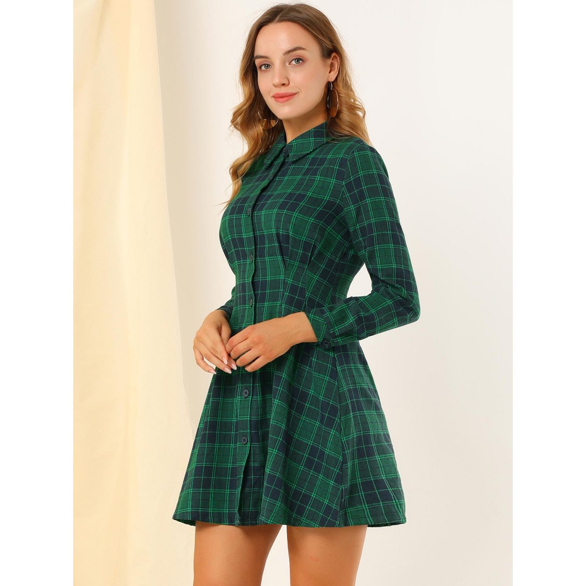 Женские платья INSPIRE CHIC Women's Plaid Long Sleeves A-Line Button Up Casual Shirt Dress Green Large — фото 2
