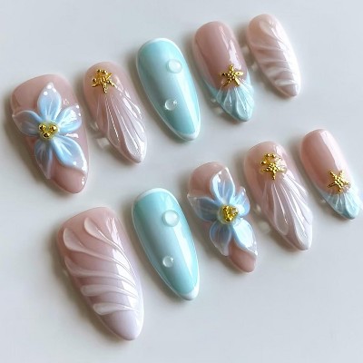 LOVELAY CREATIONS Blue Medium Almond Summer Press-On Nails with Starfish Beads