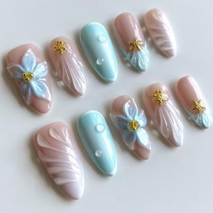 LOVELAY CREATIONS Blue Medium Almond Summer Press-On Nails with Starfish Beads - 1 of 3