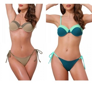 INSPIRE CHIC Women's Contrast Color Ribbed Triangle Bottom Swimwear Bathing Bikini Suits 2 Sets - 1 of 4