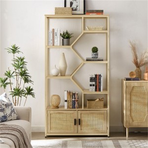 YONWAY 7 Tier Rattan Bookshelf Tall Bookcase, Storage Cabinet Open Book Shelf with Adjustable Foot Pads & Shelf for Home Office, Natural - 1 of 4