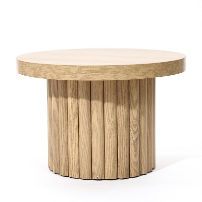 LuxenHome Brown Wood Fluted Round Coffee Table, 23.6" Wide Modern End Table for Living Room Round Wood Accent Table Bedroom Office