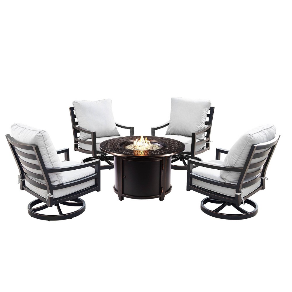 5pc Outdoor Fire Table Set with Geometric 44"" Round Fire Table, 4 Deep Seating Swivel Rocking Chairs & Table Fabric Covers - Oakland Living -  85307863
