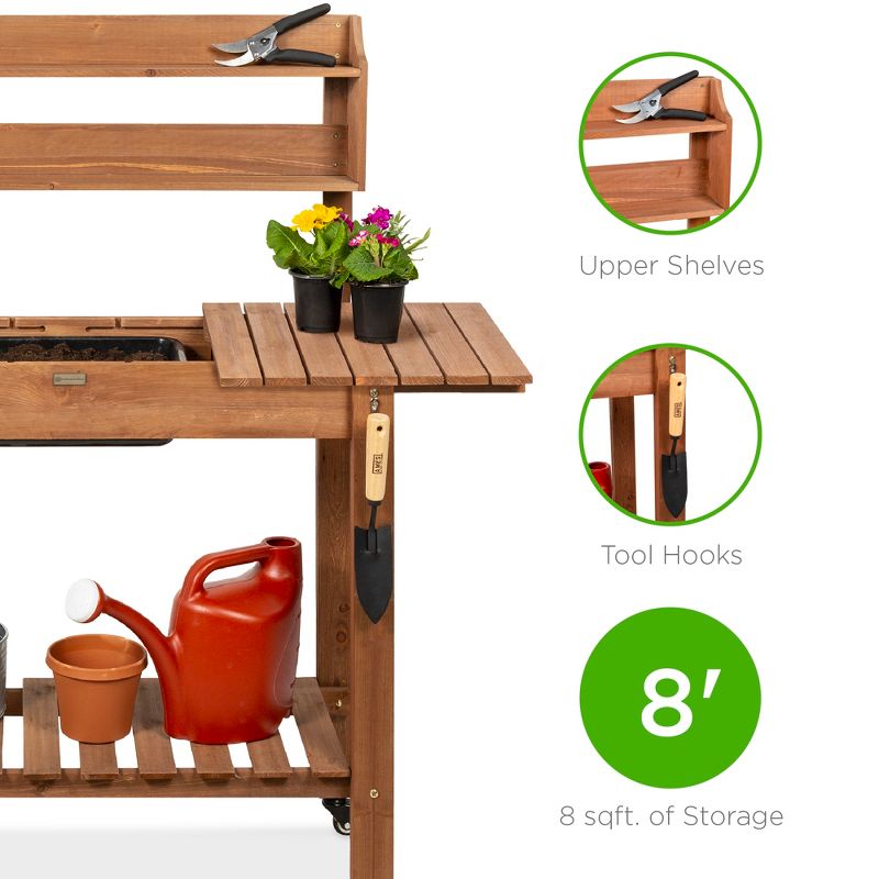 Best Choice Products Wood Garden Potting Bench Workstation Table w/ Sliding Tabletop, 4 Locking Wheels, Dry Sink, 4 of 9