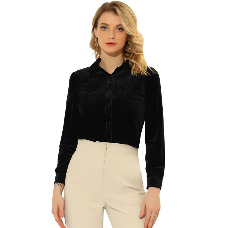 Allegra K Women's Button Down Solid Color Long Sleeve Velvet Work Shirt, 1 of 6