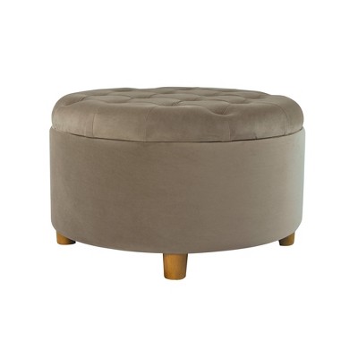 Fawn Velvet Tufted Round Storage Ottoman with Honey Oak Legs