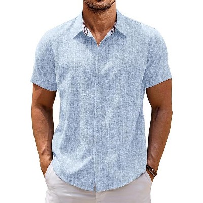 COOFANDY Mens Linen Shirt Short Sleeve Button Down Shirts Casual Plaid Collar Summer Beach Shirts