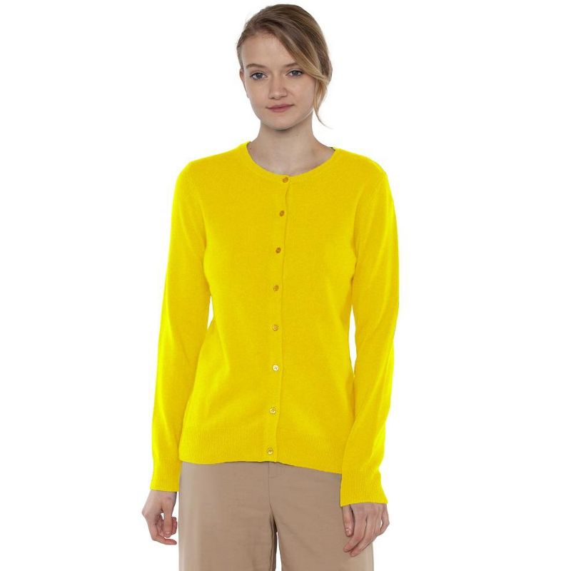 JENNIE LIU Women's 100% Cashmere Button Front Long Sleeve Crewneck Cardigan Sweater, 1 of 4