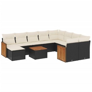 vidaXL 11 Piece Patio Sofa Set with Cushions Black Poly Rattan - Black and Cream - 1 of 4