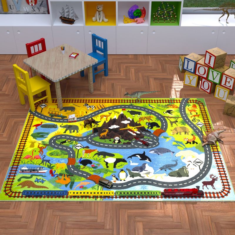 KC CUBS Boy & Girl Kids Animal Safari Car Vehicle Traffic Road Educational Learning & Game Play Nursery Bedroom Classroom Rug Carpet, 3 of 11