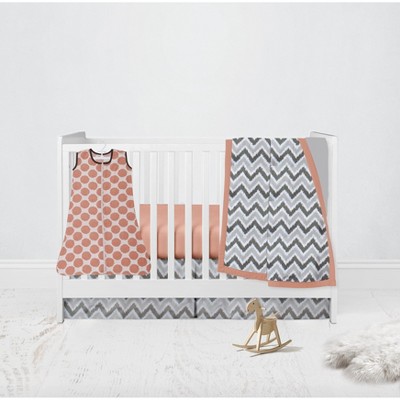 Bacati - Ikat Dots Stripes Coral Grey Girls 4 pc Crib Set with Muslin Sleeping Sack