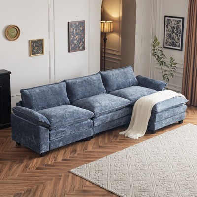 Karl Home |85.4 in. W Pillow Top Arm Double-layer Cushion Chenille Sofa in Blue With Ottoman