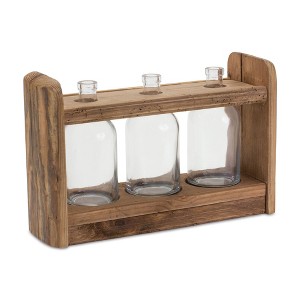 Rustic Pine Wood Holder with Three Glass Vases – 15" by Melrose - 1 of 3