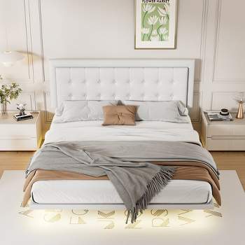 Queen Size Floating Bed Frame With Motion Activated Night Lights, Modern PU Upholstered Button Tufted Platform Bed Frame