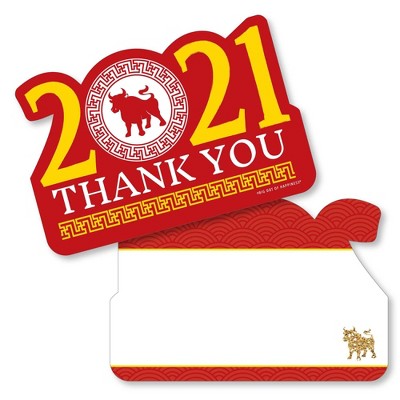 Big Dot of Happiness Chinese New Year - Shaped Thank You Cards - 2021 Year of the Ox Party Thank You Note Cards with Envelopes - Set of 12