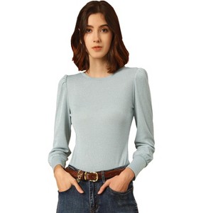 INSPIRE CHIC Women's Metallic Sparkle Glitter Top Crew Neck Puff Long Sleeve Vintage Knit Blouse Shirts - 1 of 4