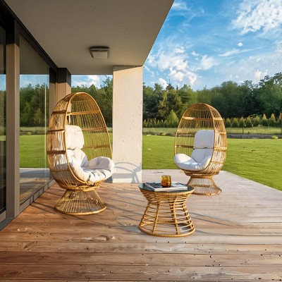Outdoor Wicker Swivel Egg Chair,Fabric Upholstered Egg Chair With Iron Frame,Polyethylene Rattan Woven Patio Lounge Egg Chair-Coolbibila