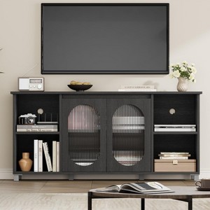 70" Boho TV Stand, Entertainment Center with Rattan Cabinet Doors, 4 Open Shelves & 2 Storage Cabinets, Mid-Century Modern TV Stands for Living Room - 1 of 4