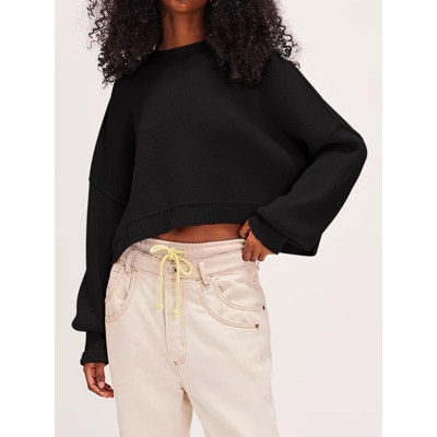 Women's Cropped Sweater Knit Long Sleeve Crewneck Soft Pullover Sweater Top