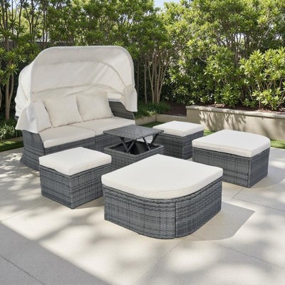 6-Pieces Outdoor Patio Rattan Round Daybed Sunbed Set with Retractable Canopy and Lift Table