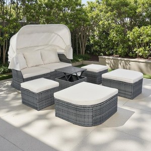 6-Pieces Outdoor Patio Rattan Round Daybed Sunbed Set with Retractable Canopy and Lift Table - 1 of 4