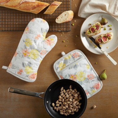 Amber Floral Cotton Oven Mitt and Pot Holder Set with Silicone Grip