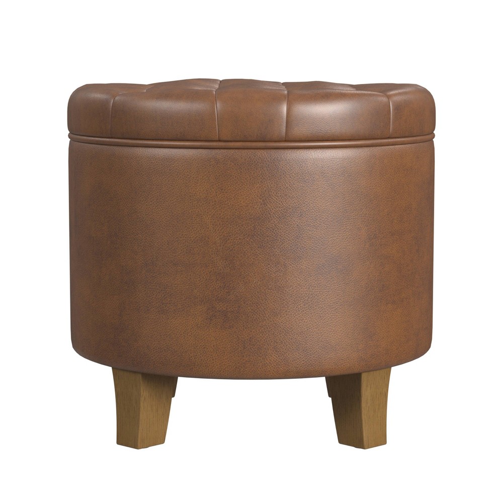 Photos - Pouffe / Bench Round Storage Ottoman Brown Faux Leather - HomePop