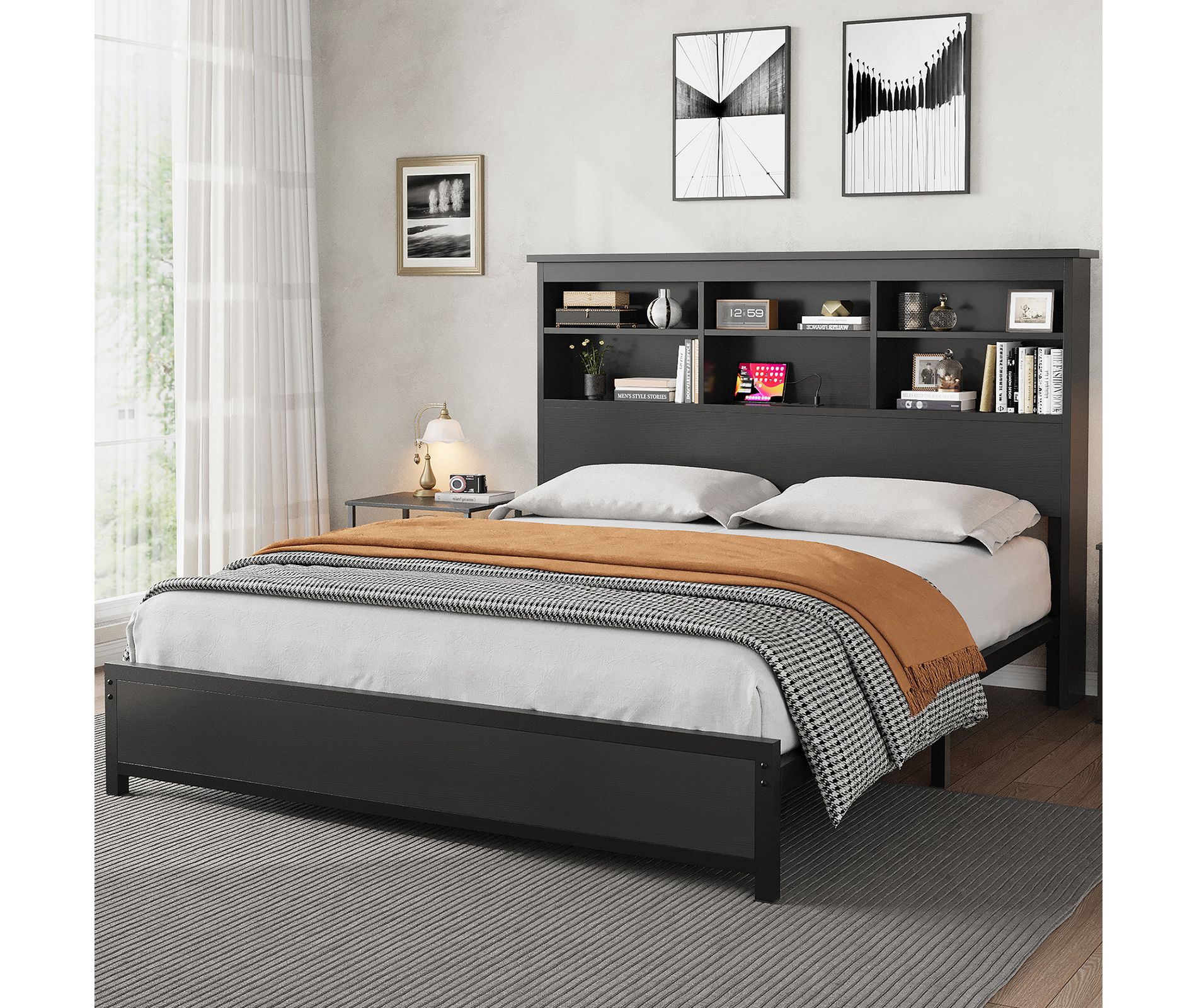 Full Size Bed Frame with Bookcase Headboard, Full Platform Bed with 2-tier Storage & Charging Station, No Box Spring Needed Easy Assemble，Black