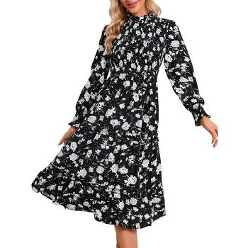Women's Ruffle Mock Neck Long Sleeve Smocked Midi Dress Casual Floral Print Elastic Waist Tiered Long Dress