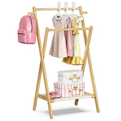 Kids Clothing Rack, Small Clothes Rack for Toddler Pets, Kids Dress Up Rack with Storage Shelf & Double Rods, Foldable Kids Clothes Rack
