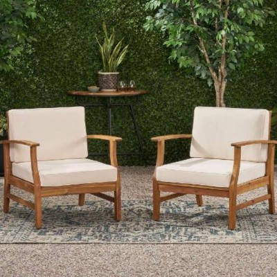 Outdoor Acacia Wood Club Chairs Set Of 2,Fabric Upholstered Armrests Chair,Slat Panel Backrest Accent Chair For Patio Garden-Coolbibila