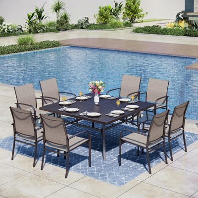 Captiva Designs 9pc Spacious Slat-top Square Metal Table with Umbrella Hole & Sling Fixed Dining Chairs