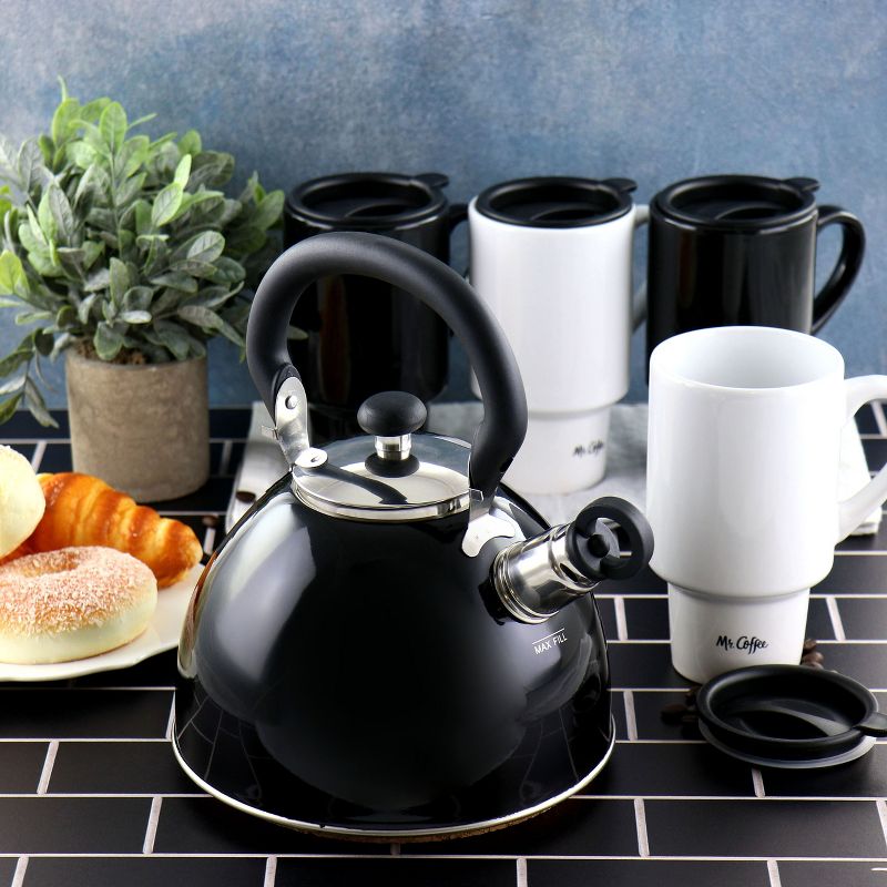 Mr. Coffee 9 Piece Whistling Tea Kettle and Travel Mug Set in Black and White, 2 of 10
