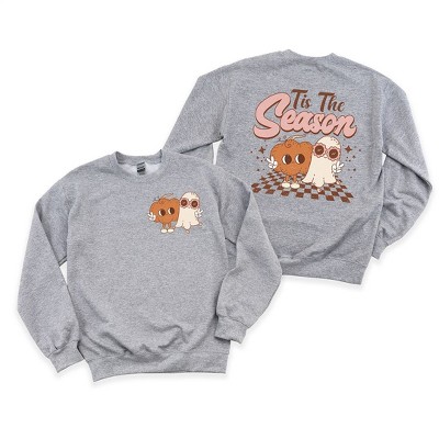 Simply Sage Market Women's Graphic Sweatshirt Distressed Tis The Season Pumpkin Ghost Front and Back