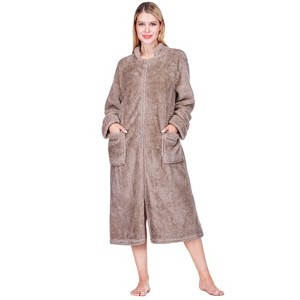PAVILIA Womens Fluffy Housecoat Zip Robe, Faux Shearling Zipped Up Front Bathrobe, Plush Warm Zipper House Coat Lounger - 1 of 4