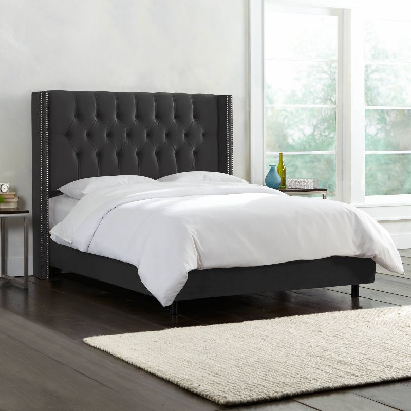 Skyline Furniture King Louis Diamond Tufted Wingback Shiny Velvet Bed Dark Gray, 5 of 9