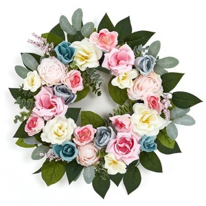 No33 大人気♪ティファニー＆ホワイト フラワーガーランド Spring Summer Artificial Wreath 18 Inch with Buffalo Check Bow