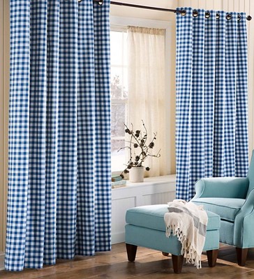 Blue and White Cotton Room-Darkening Grommet Curtains