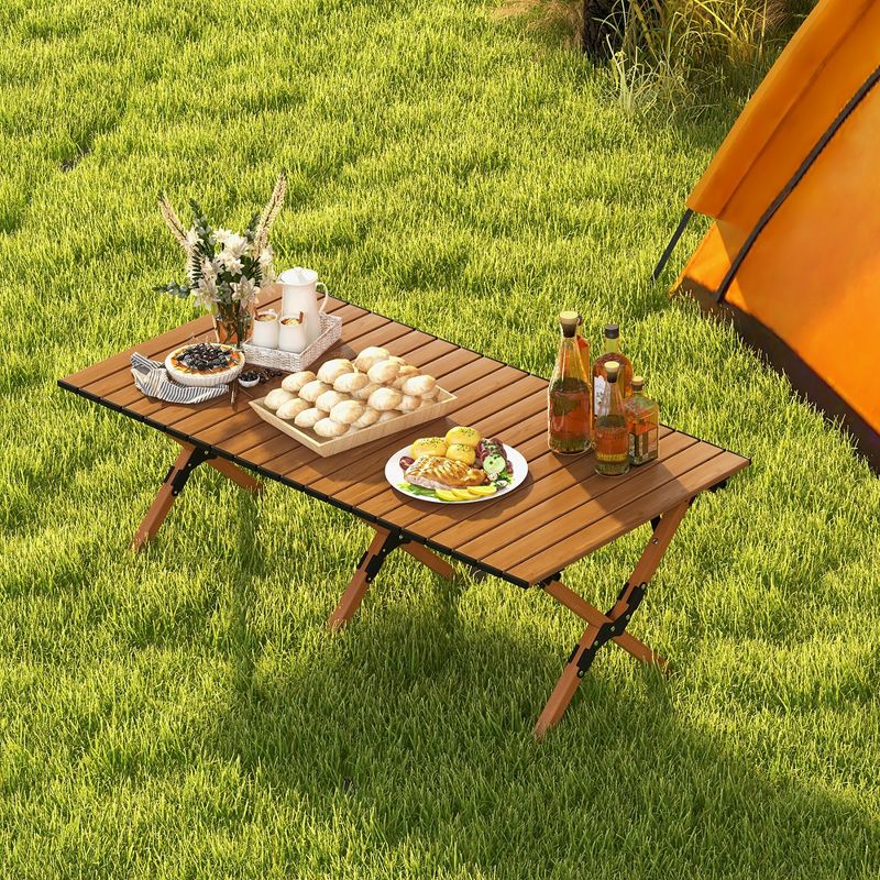 Costway Folding Aluminum Camping Table with  Carry Bag Roll-Up Picnic Table with  Wood Grain, 2 of 11