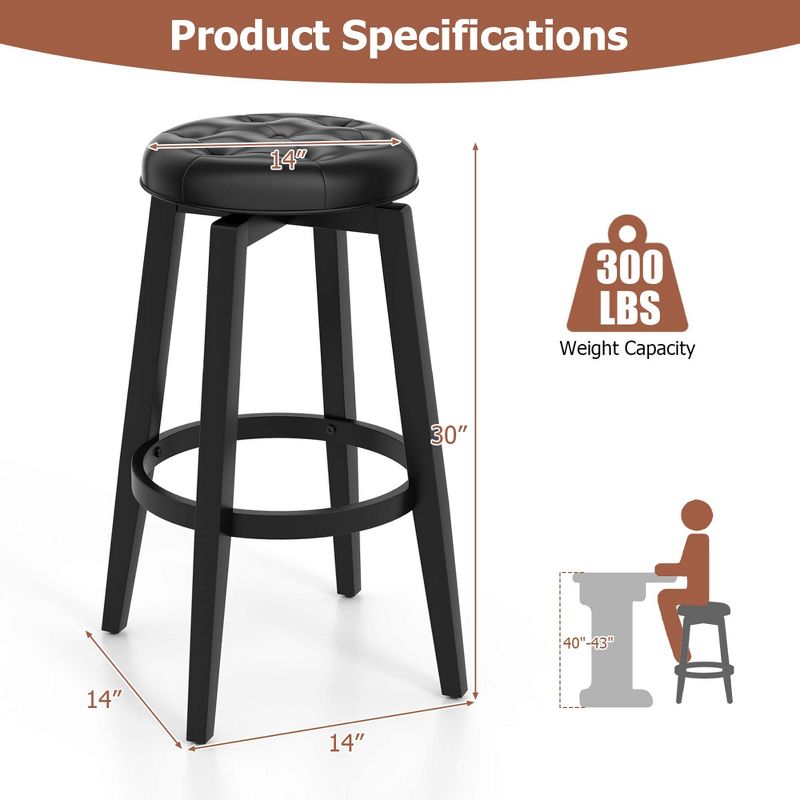 Costway 26"/30" Swivel Bar Stool Set of 2 Upholstered Counter/Bar Height Rubber Wood Frame Black, 3 of 10