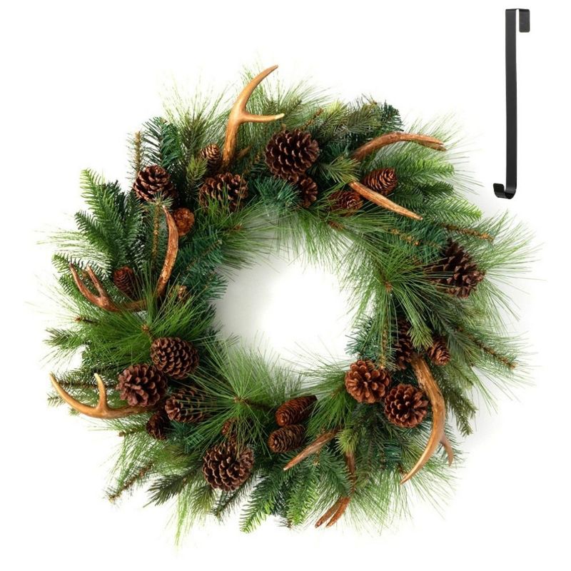 Sullivans Artificial Pine and Antler 28"H Wreath and 14"H Hanger Set, Green and Black, 1 of 6